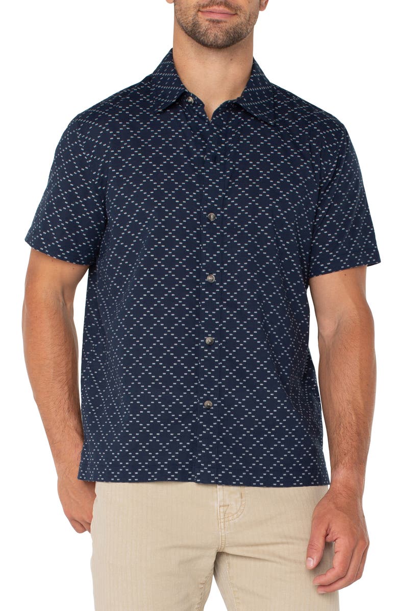 Liverpool Los Angeles Embroidered Geo Pattern Short Sleeve Cotton Button-Up Shirt, Main, color, 