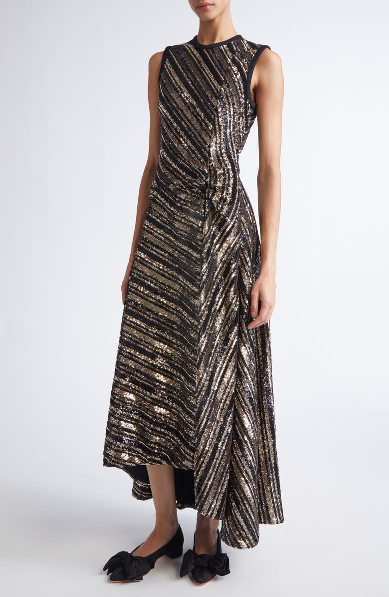 Giambattista Valli Sequin Stripe Asymmetric Midi Dress, Alternate, color, Black/ Gold
