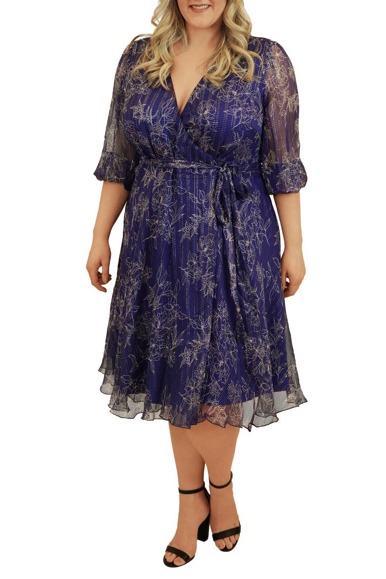 Silk & Metallic Wrap Dress, Main, color, COBALT