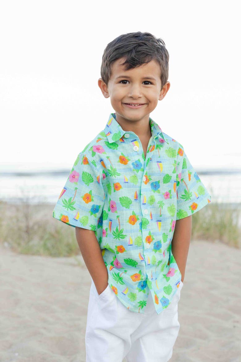 Printed Linen-Look Camp Shirt, Alternate, color, Blue/White