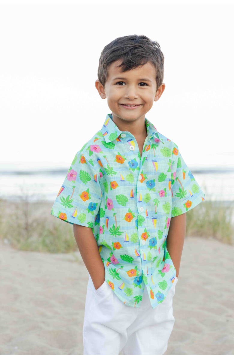 Florence Eiseman Printed Linen-Look Camp Shirt, Alternate, color, Blue/White