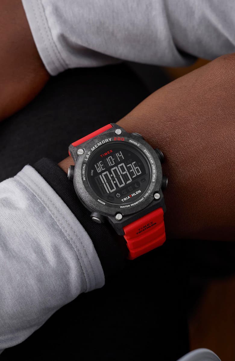 Timex<sup>®</sup> Ironman<sup>®</sup> Triathlon Digital 200-Lap Silicone Strap Watch, 44mm, Alternate, color, Black/ Red Digital