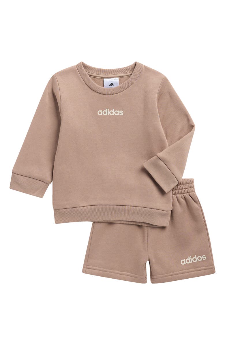 adidas Cotton Blend Fleece Sweatshirt & Shorts Set, Main, color, Chalky Brown