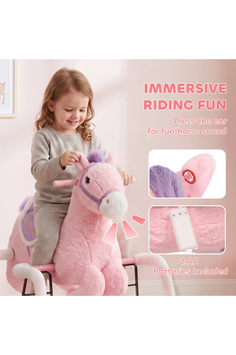 Kids Spring Rocking Horse, Ride on Horse with Neighing Sounds, Plush Animal Ride on Toy with Covered Spring, Alternate, color, pink