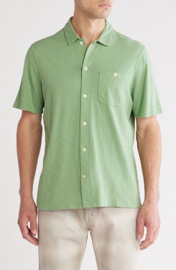 14th & Union Short Sleeve Slub Cotton Button-down Shirt In Green Shale