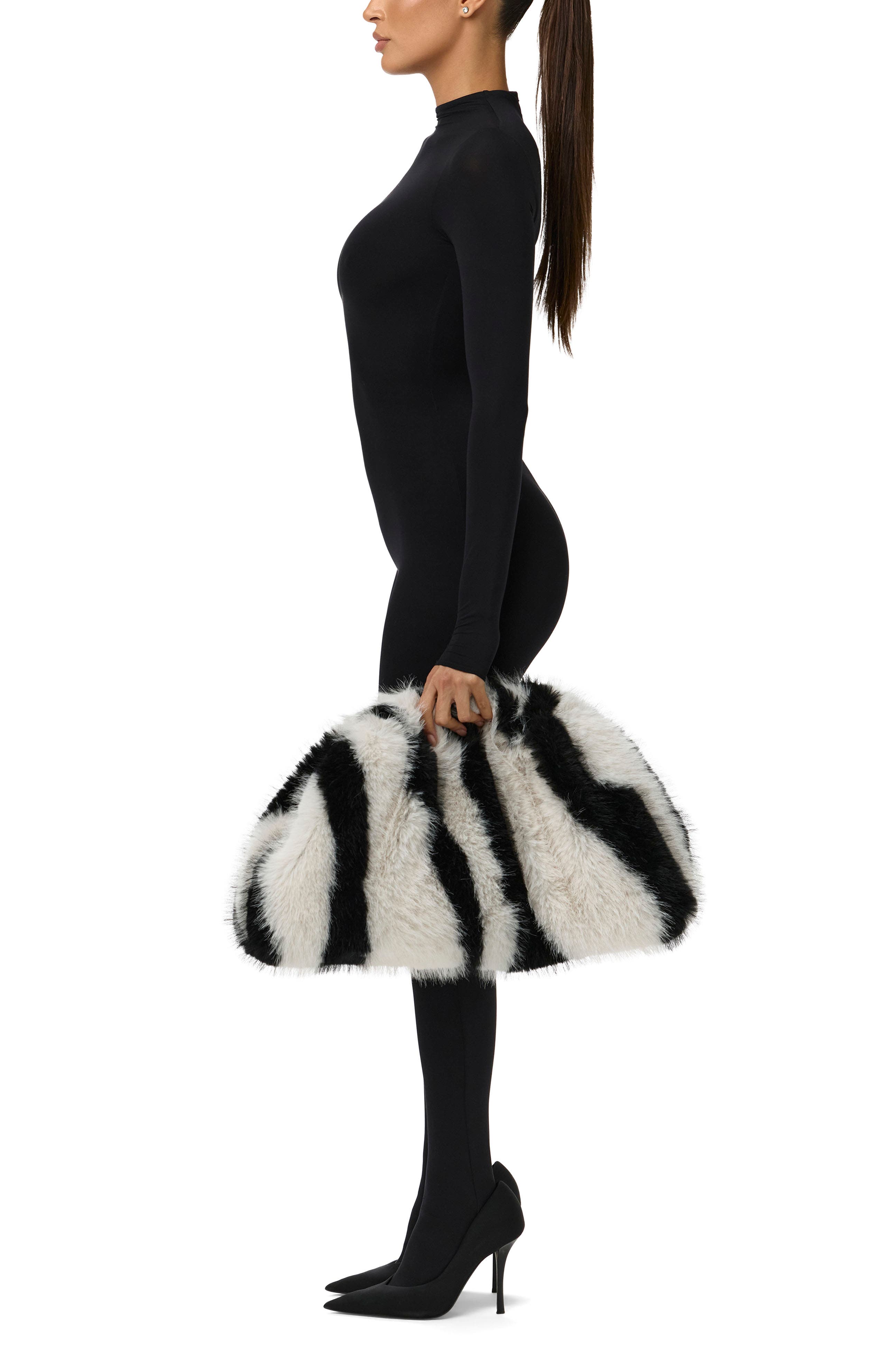 Naked Wardrobe Zebra Faux Fur Large Clutch, Alternate, color, Black/ White