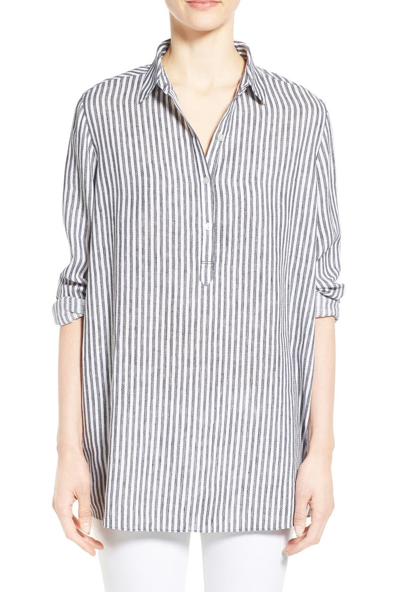'Sahara Stripe' Print Long Sleeve Linen Tunic, Main, color, NAVY- IVORY SAHARA STRIPE