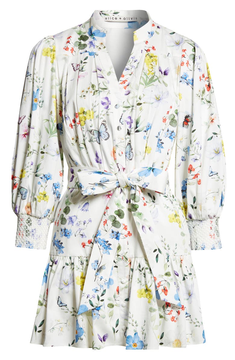 Alice + Olivia Cora Floral Print Mini Shirtdress, Alternate, color, Twisting Vines Off White
