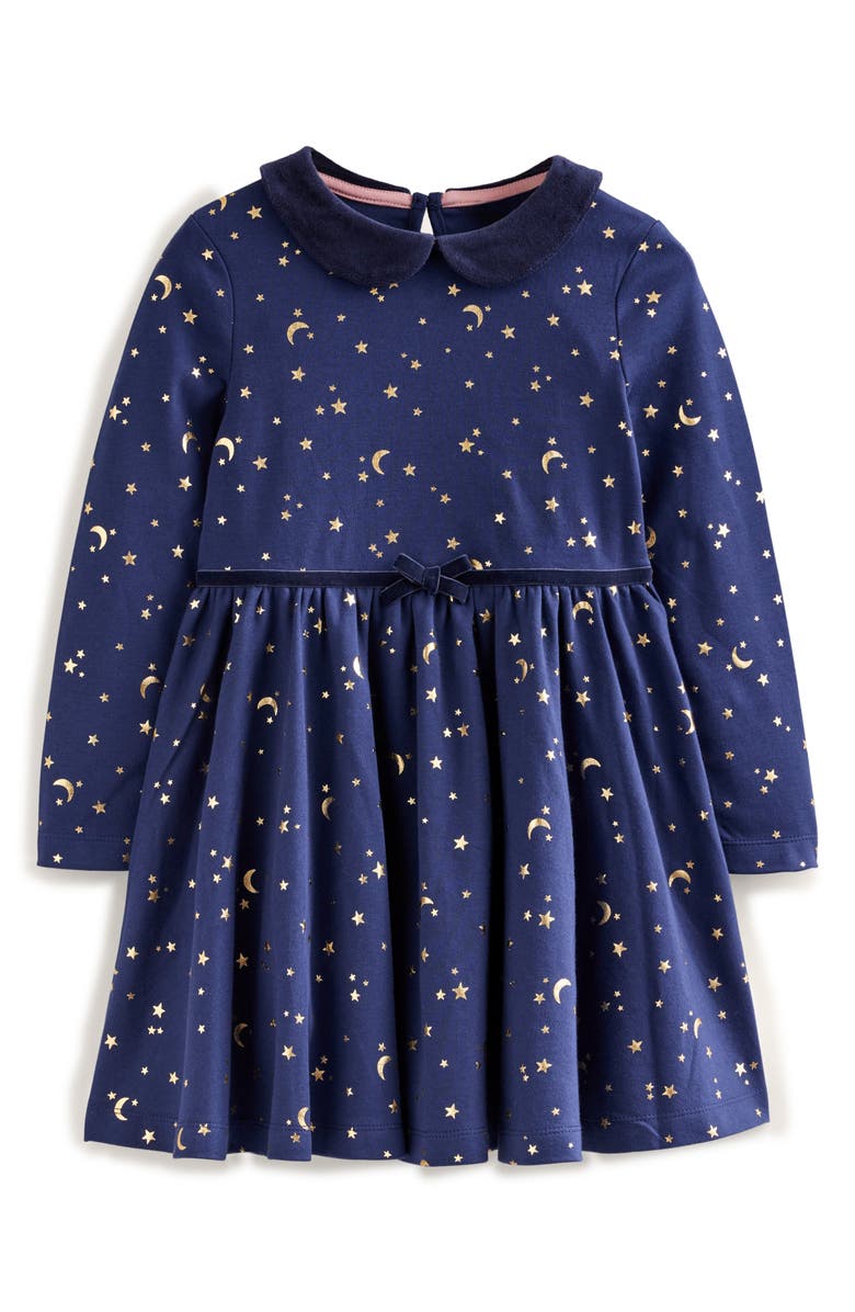 Mini Boden Kids' Peter Pan Collar Shimmery Stars & Moons Twirly Dress, Main, color, 