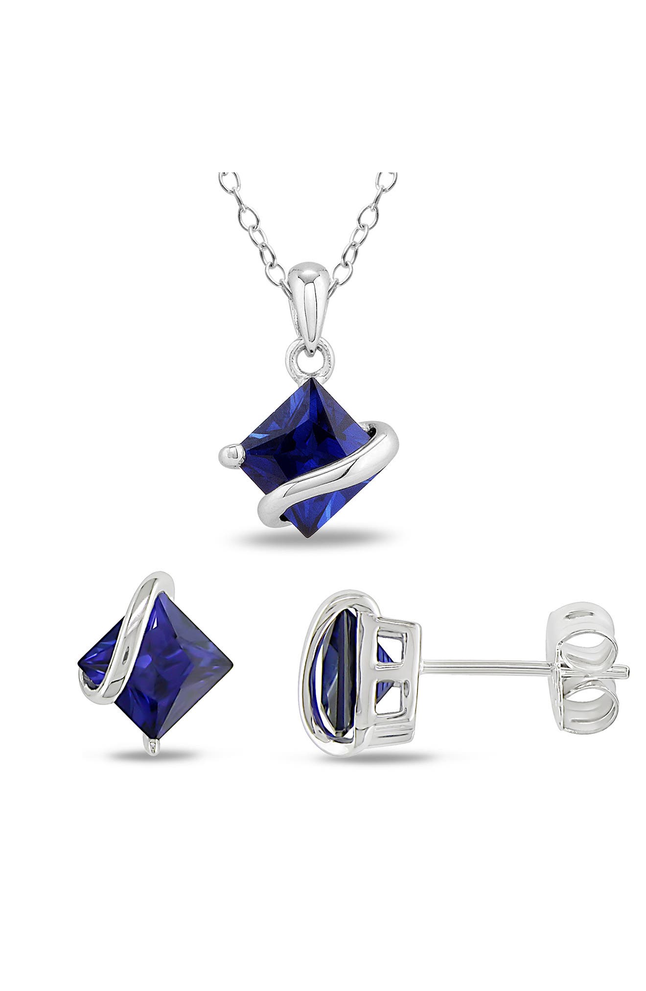 DELMAR Lab-Grown Blue Sapphire Stud Earrings & Necklace Set