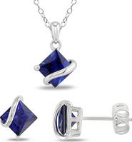 DELMAR Lab-Grown Blue Sapphire Stud Earrings & Necklace Set