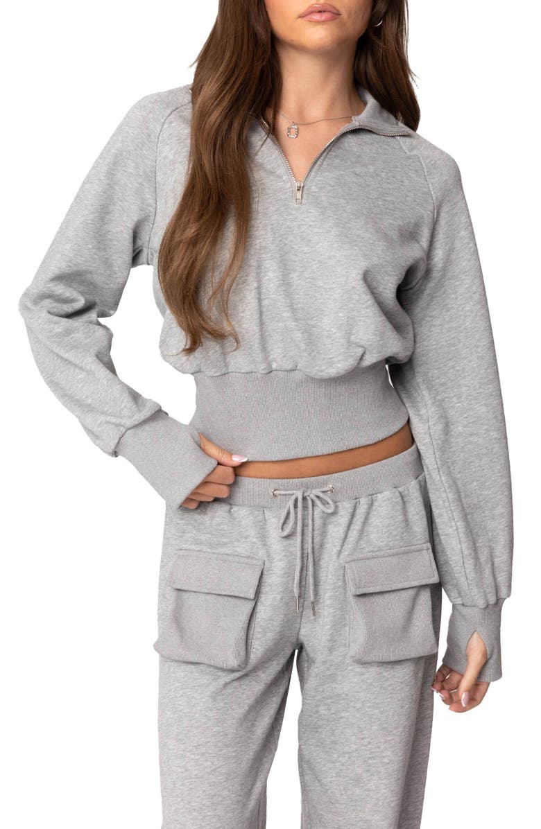 EDIKTED Bailey French Terry Crop Quarter Zip Sweatshirt, Main, color, Gray Melange
