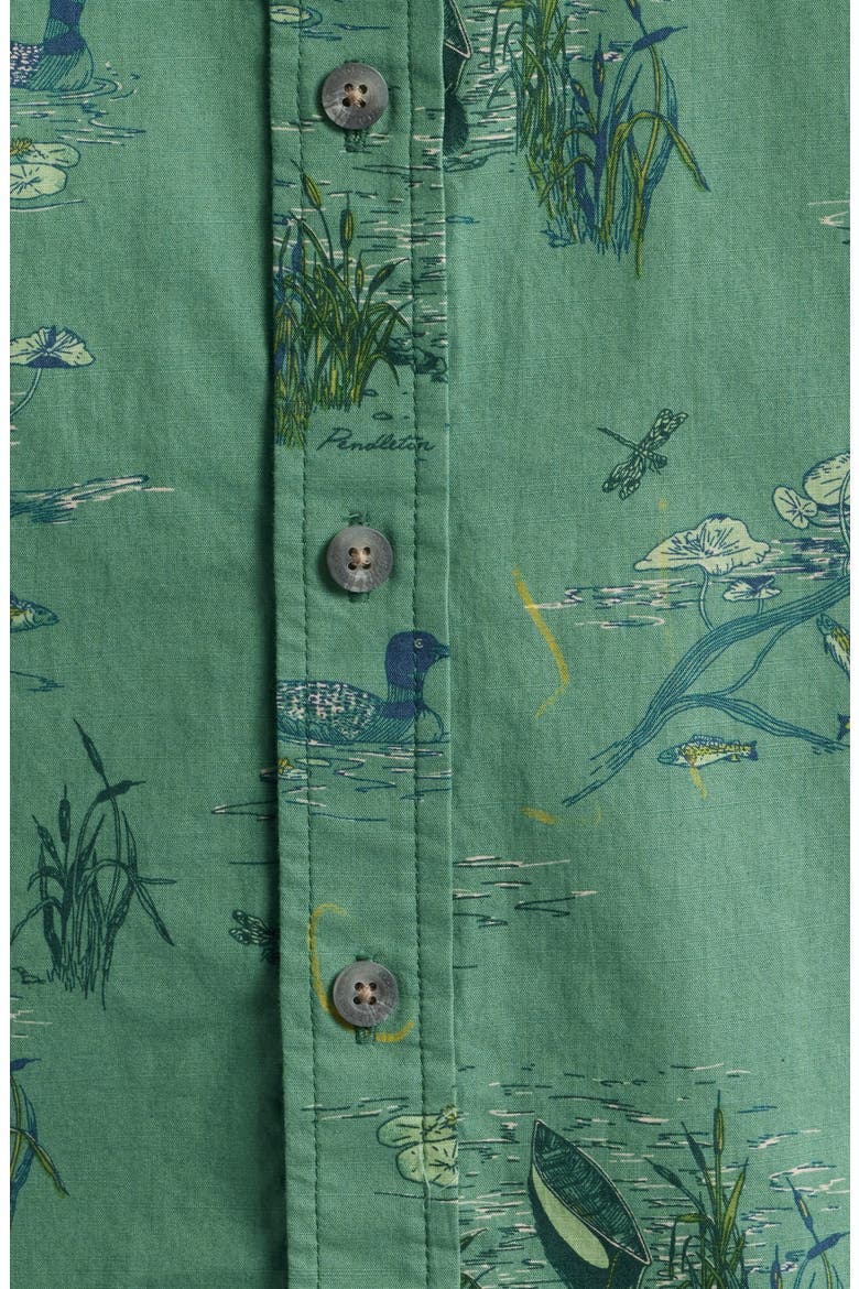 Shoreline Nature Print Short Sleeve Cotton Button-Up Shirt, Alternate, color, LAKESIDE GREEN