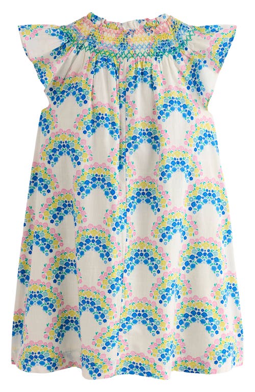 Mini Boden Kids' Shell Print Smocked Yoke Cotton Dress In Soft Ivory Rainbow Shells