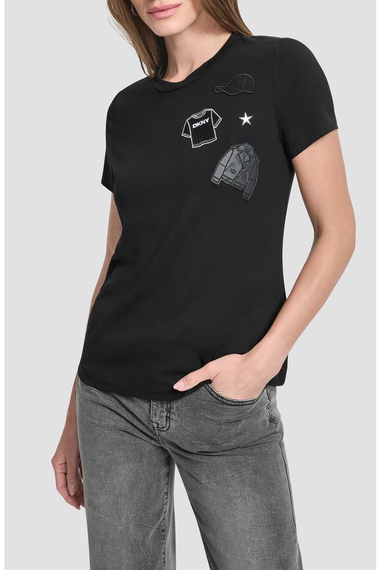 Pins & Patches Appliqué T-Shirt, Main, color, BLACK