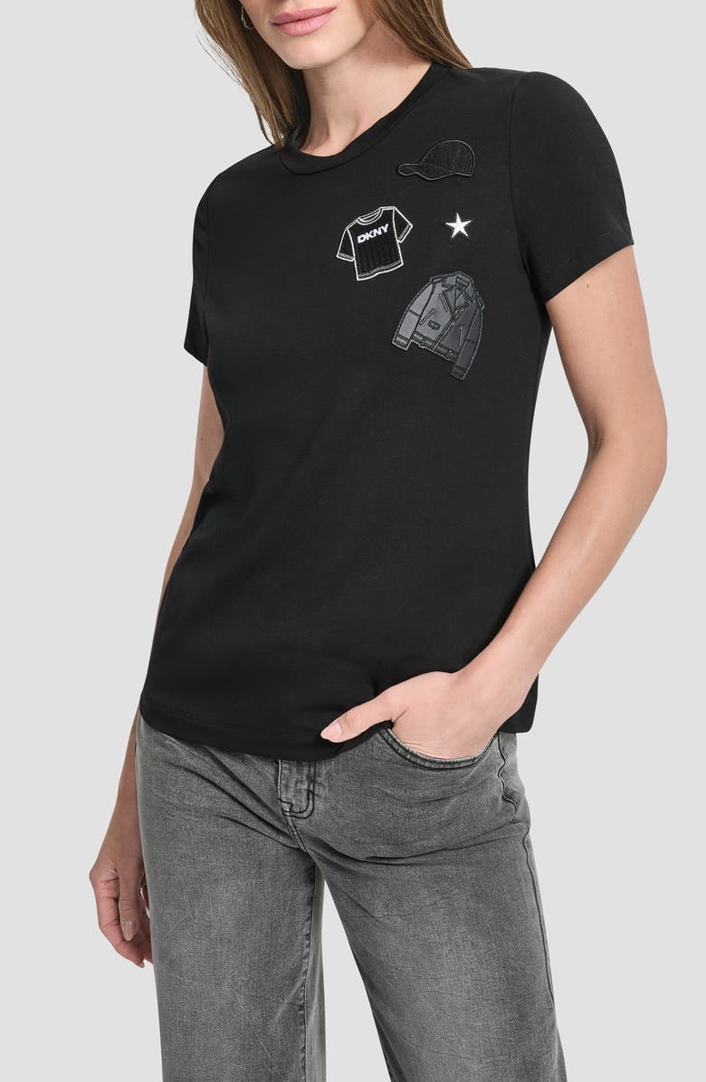 DKNY Pins & Patches Appliqué T-Shirt, Main, color, Black