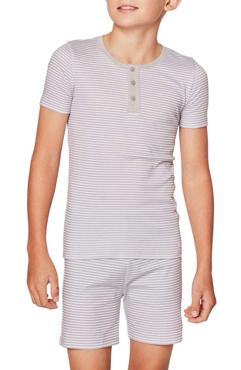 Petite Plume Kids' Stripe Fitted Two-Piece Pima Cotton Short Pajamas, Alternate, color, Grey