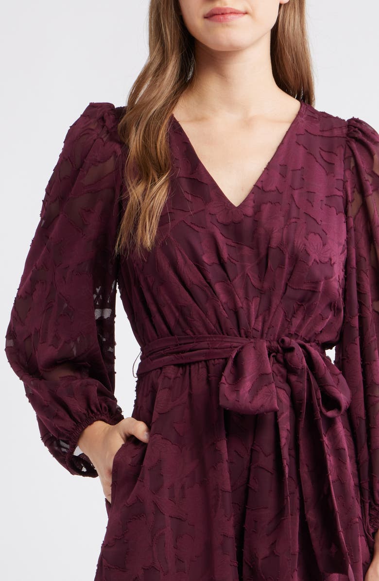 Anne Klein Floral Appliqué Long Sleeve Dress, Alternate, color, Dark Chianti
