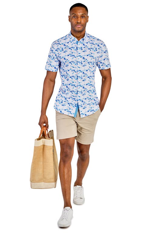 Construct Circular Dot Geo Woven Long Sleeve Shirt In White/blue