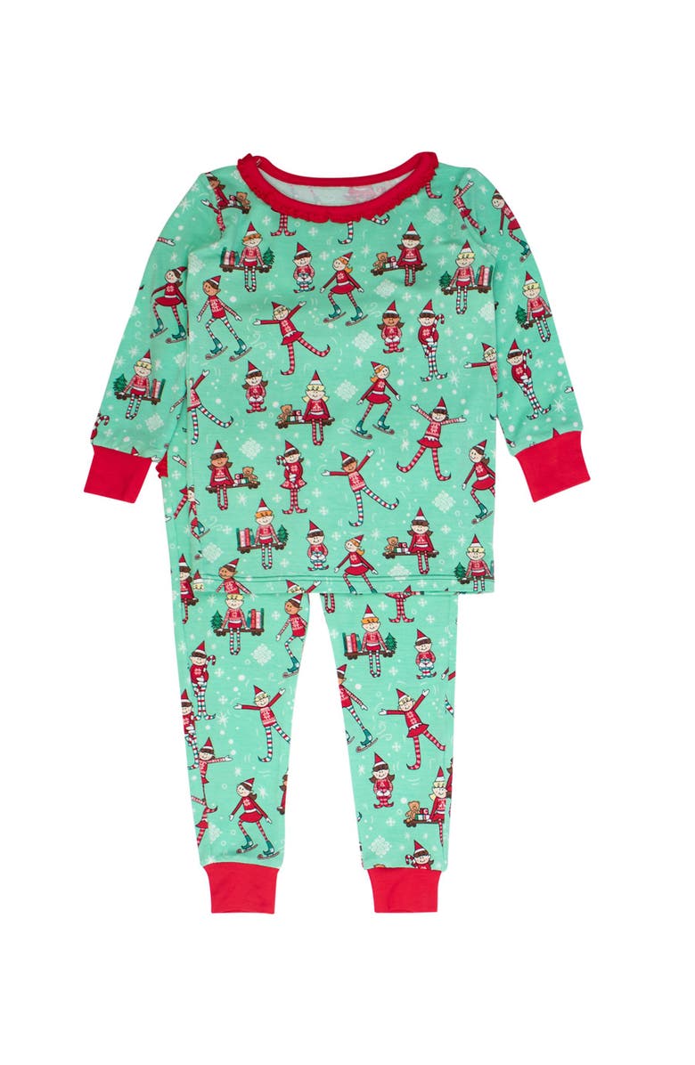 RuffleButts SoftSnooze Ruffle Long Sleeve Pajama Set, Signature Rear Ruffles, Main, color, Elf Buddies