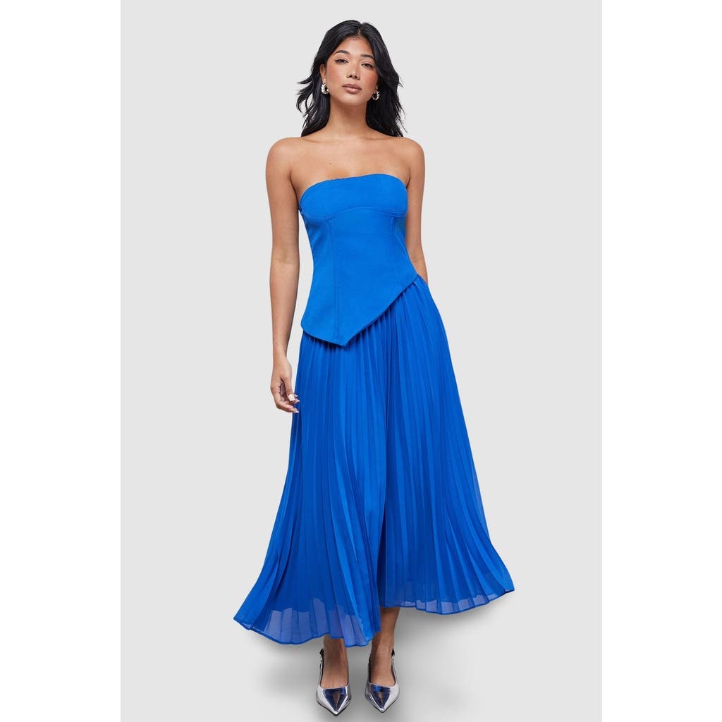 Warehouse Bandeau Bodice Pleated Midi Dress In Blue