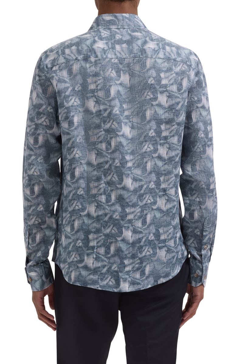 Bugatchi Julian Shaped Fit Abstract Leaf Print Linen Button-Up Shirt, Alternate, color, Ether