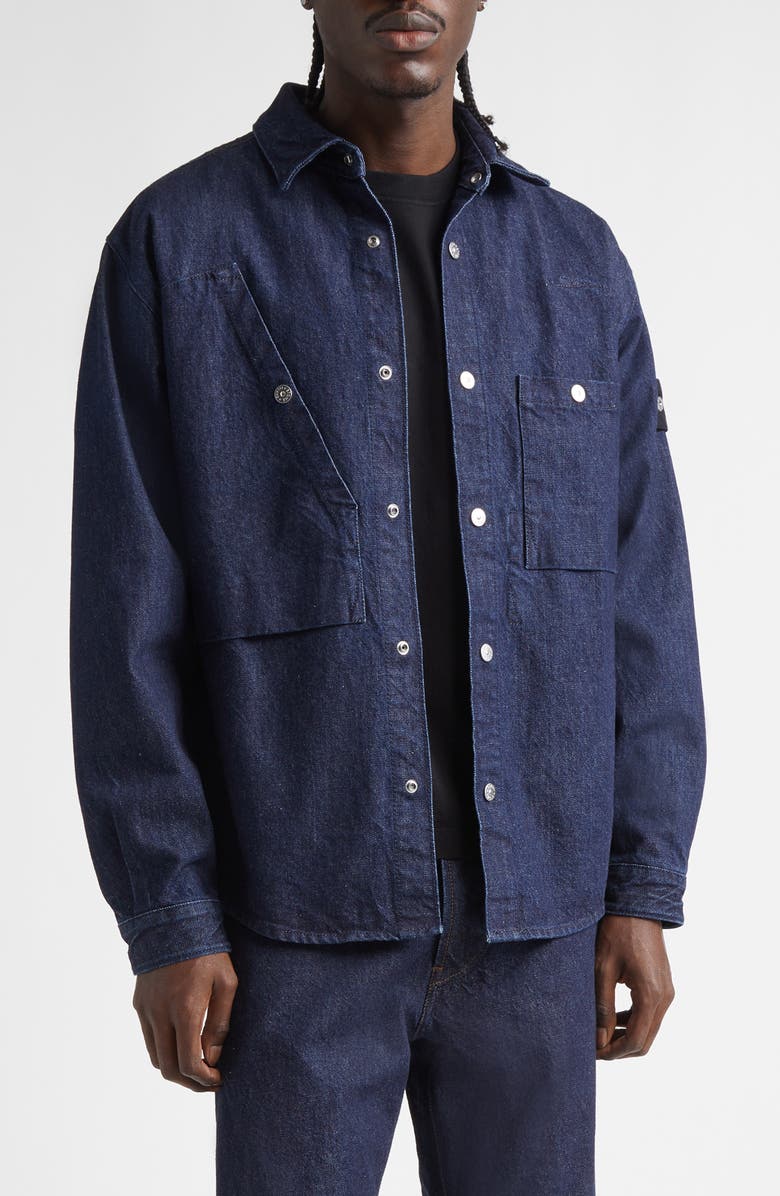 Stone Island Compass Logo Patch Denim Snap-Up Overshirt, Main, color, Vj201 Indigo Denim-Rinsed
