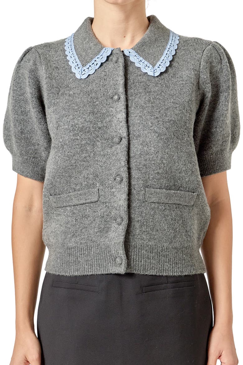 Lace Trim Puff Sleeve Cardigan, Alternate, color, HEATHER GREY