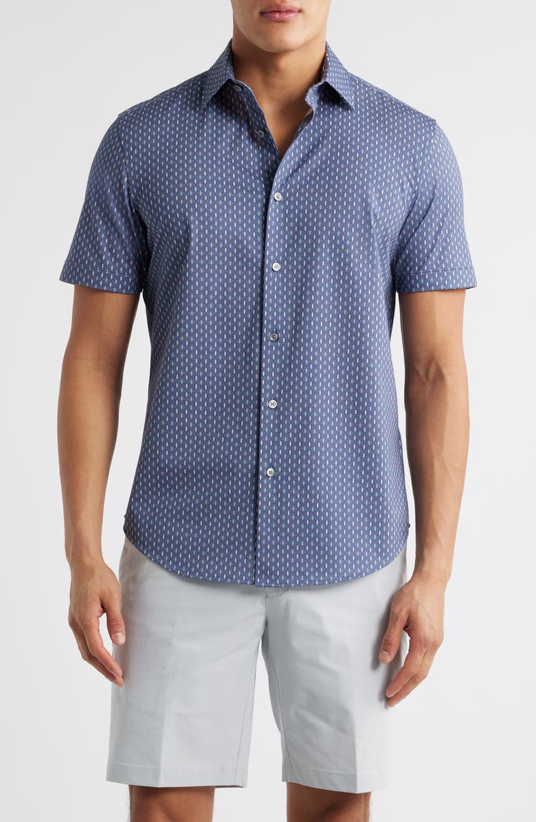Bugatchi Miles OoohCotton<sup>®</sup> Geometric Print Short Sleeve Button-Up Shirt, Main, color, 