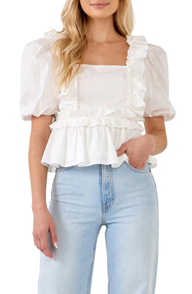 English Factory Ruffle Puff Sleeve Peplum Cotton Top, Main, color, 