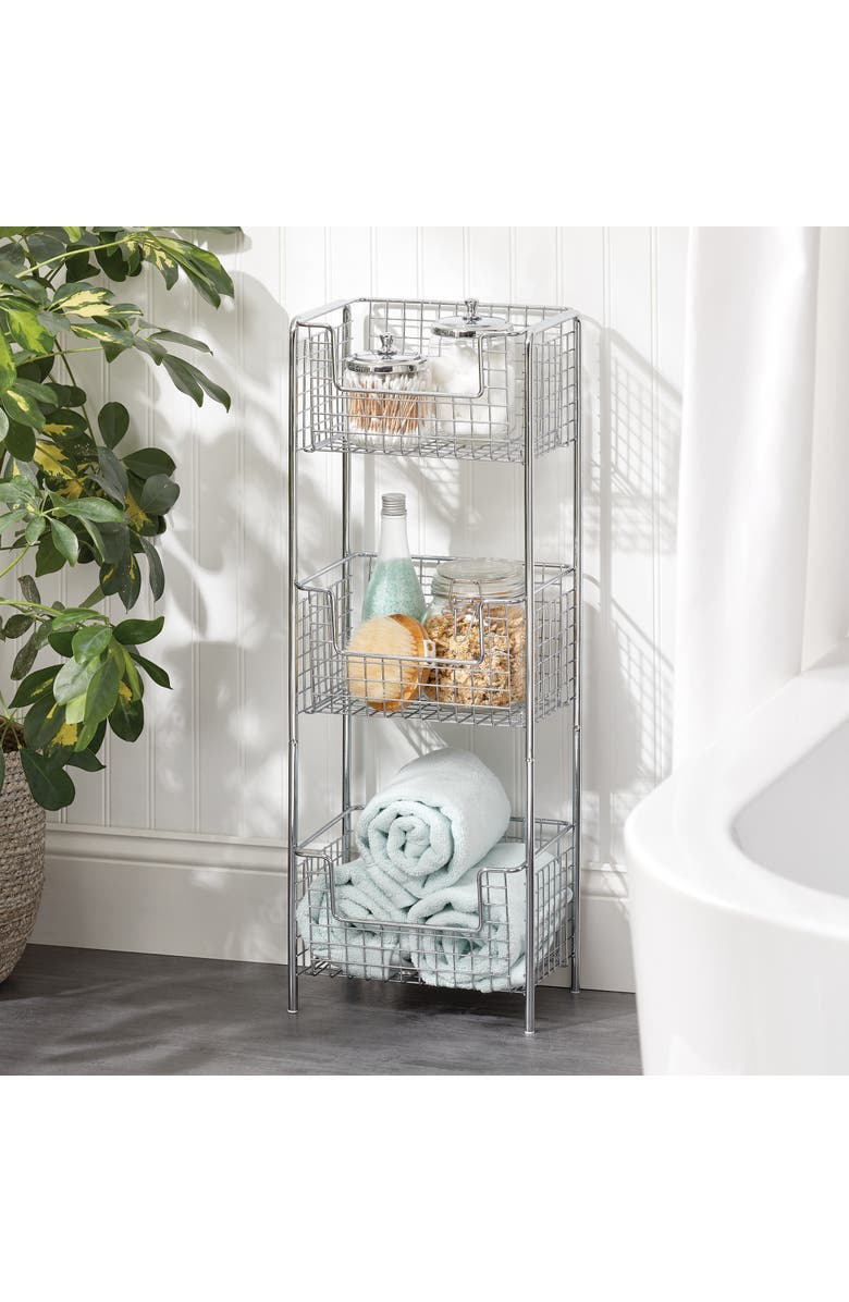 mDesign Steel Freestanding 3-Tier Storage Organizer Tower with Baskets - Chrome, Alternate, color, Chrome