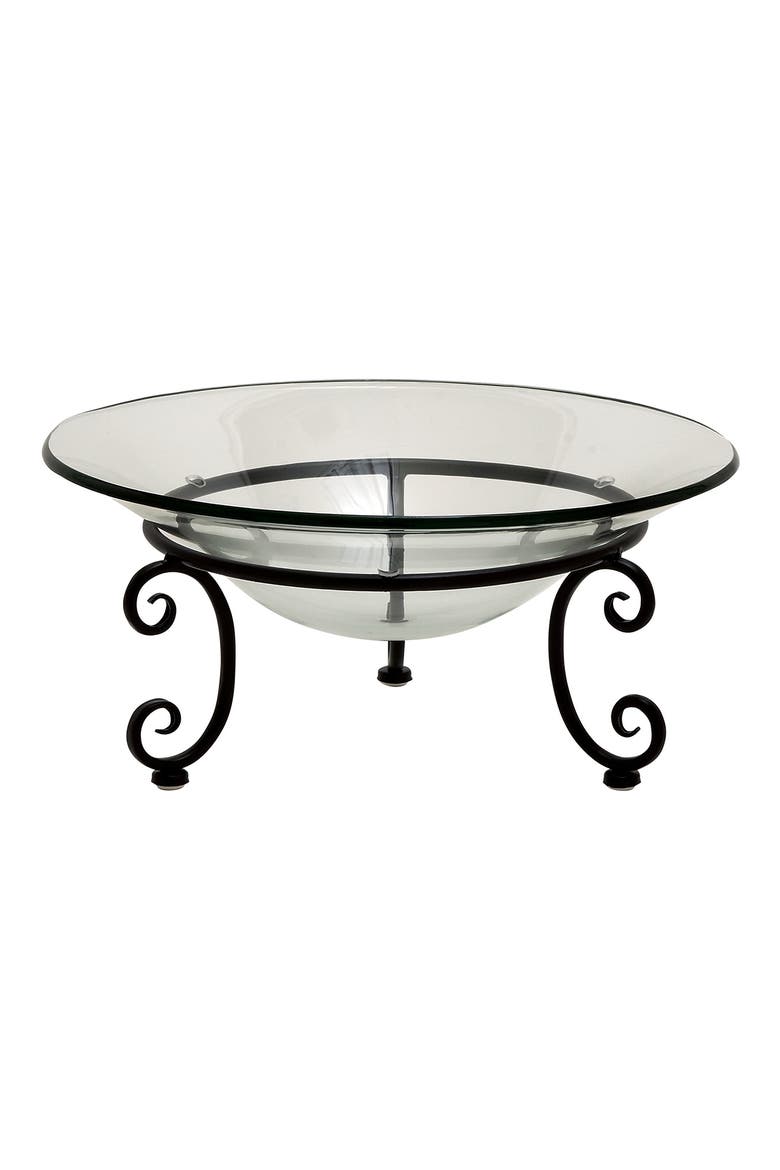 Clear Tempered Glass Kitchen Serving Bowl with Black Metal Scroll Base, Main, color, CLEAR
