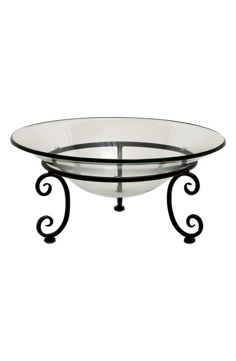 Clear Tempered Glass Kitchen Serving Bowl with Black Metal Scroll Base