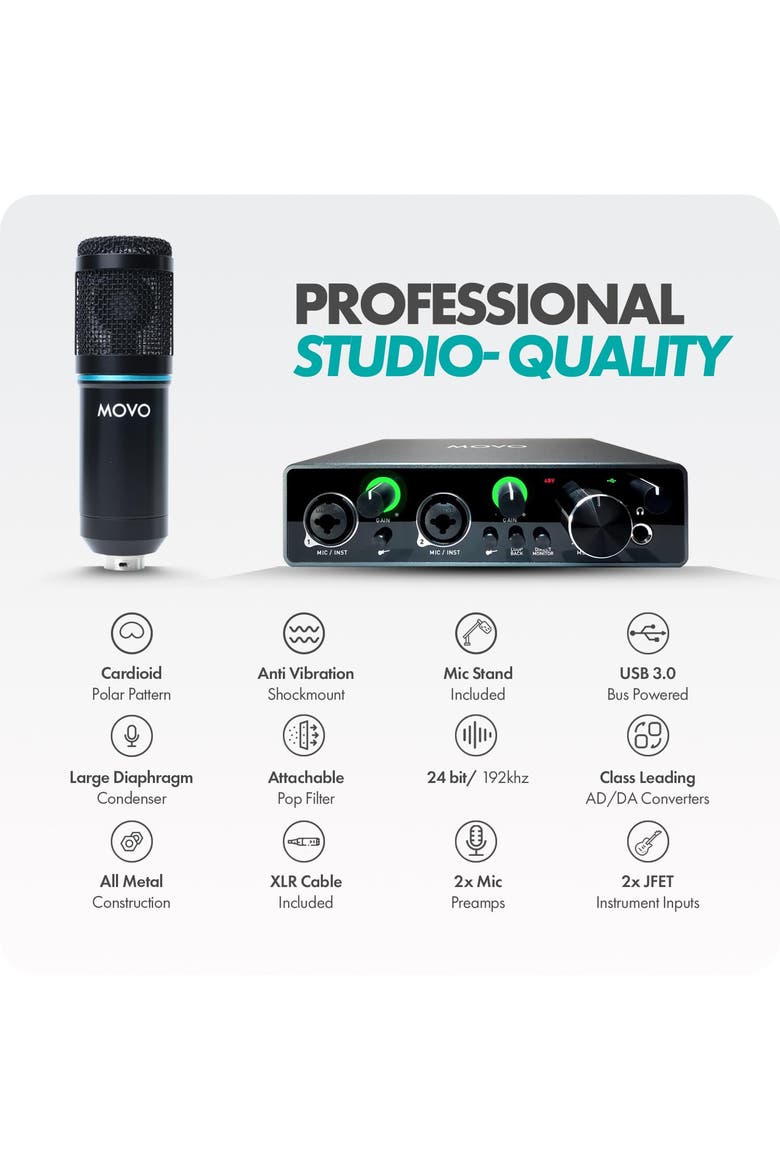 PodKit2AH Podcast Equipment Bundle for 2 Condenser Microphone Kit with USB Audio Interface for Computers, Alternate, color, Black