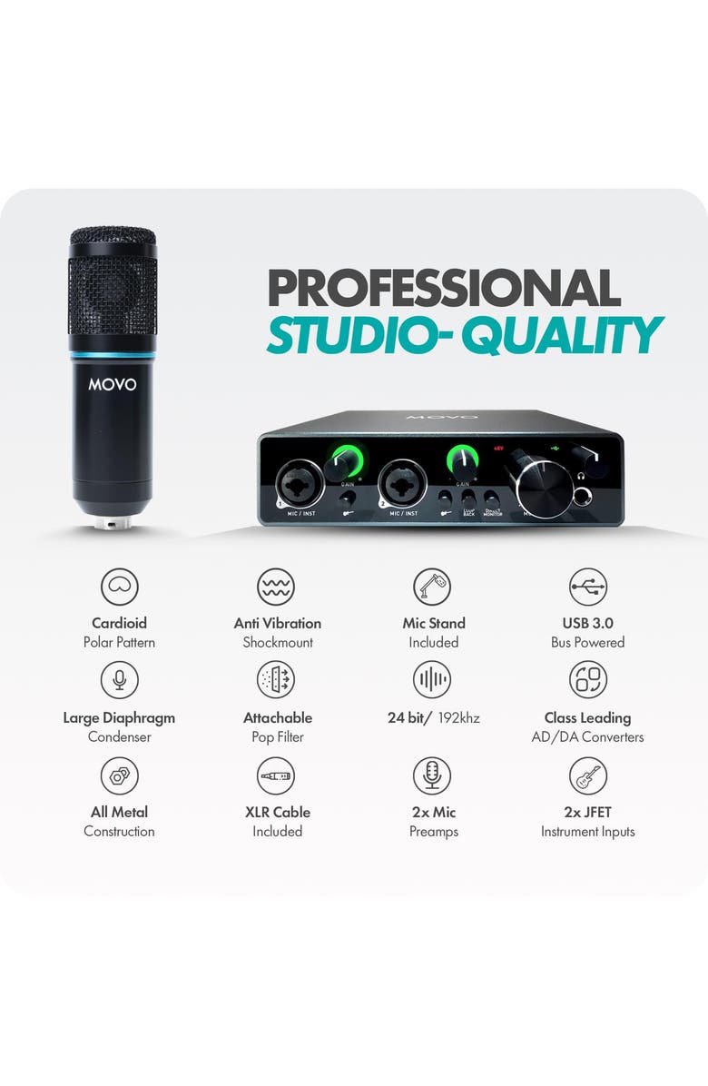 MOVO PodKit2AH Podcast Equipment Bundle for 2 Condenser Microphone Kit with USB Audio Interface for Computers, Alternate, color, Black
