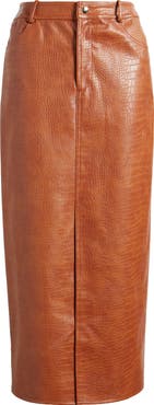 WAYF Roberta Croc Embossed Faux Leather Midi Skirt