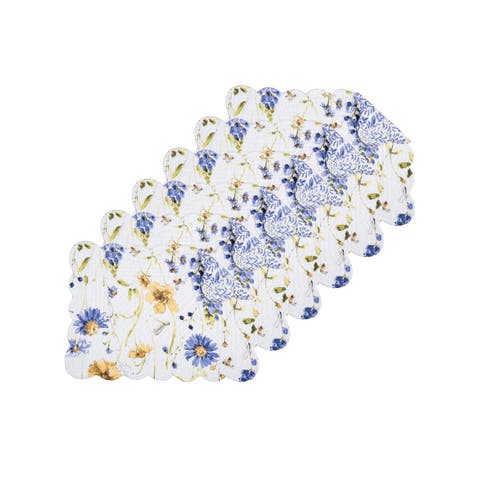 Lovely Blues Scalloped Quilted Placemats Set of 6 Floral Design, 13" x 19"