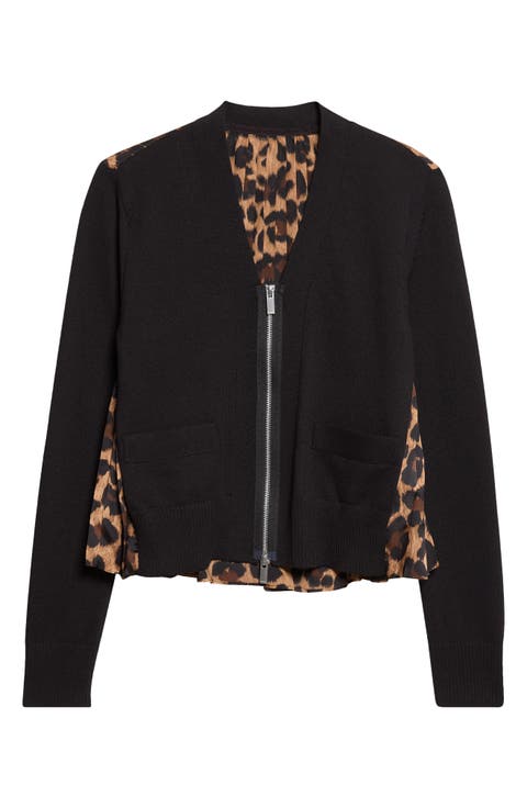 Mixed Media Leopard Trim Cotton Blend Zip Cardigan