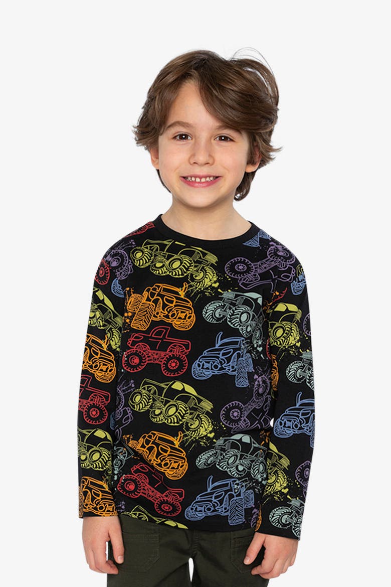 Organic Cotton Monster Truck Graphic Long Sleeve T-Shirt, Alternate, color, Black Monster Truck Print