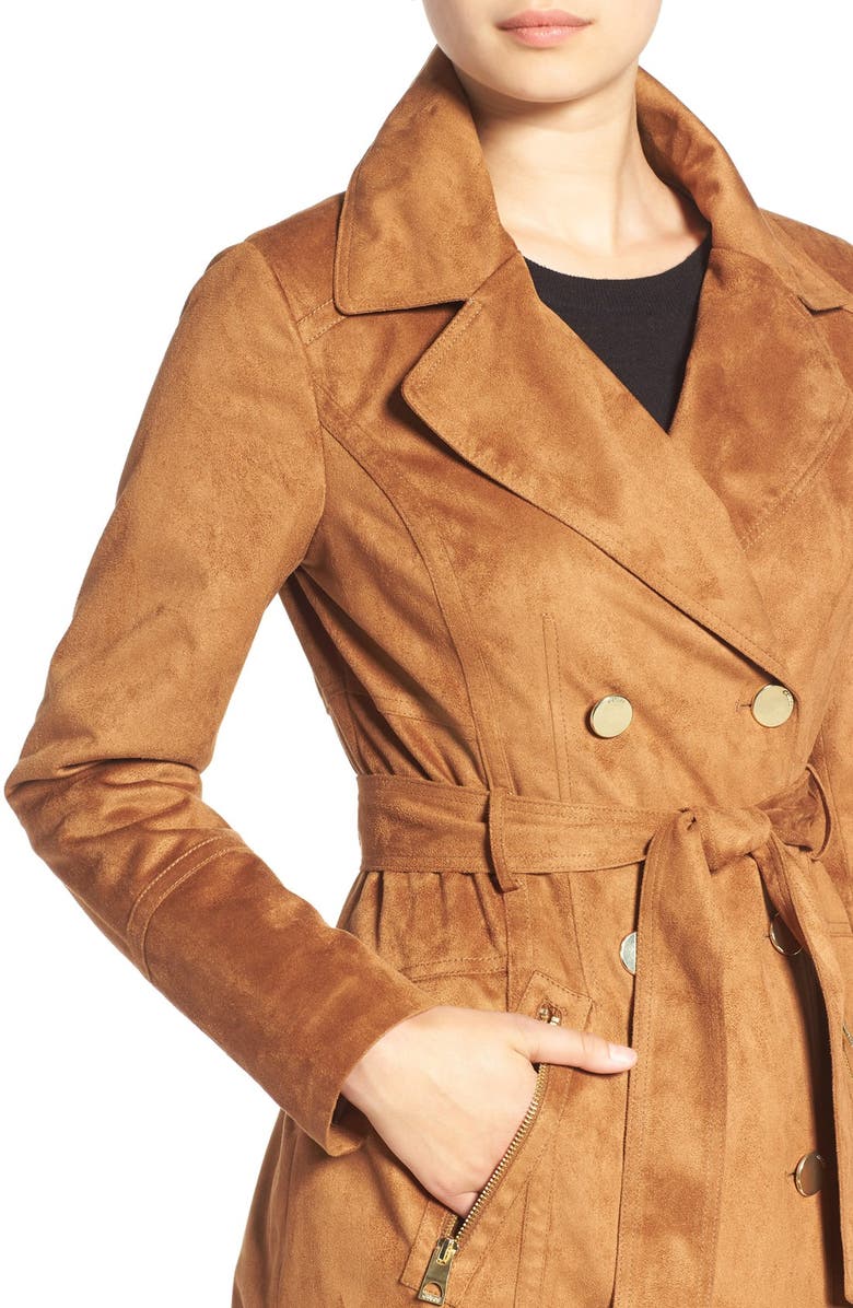 GUESS Faux Suede Double Breasted Trench Coat, Alternate, color, 