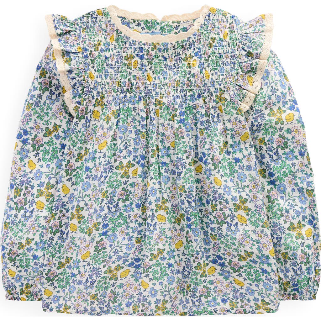 Mini Boden Kids' Floral Smocked Cotton Jersey Top In Vanilla White Chick Floral