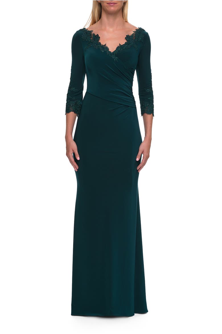 V-Neck Lace Trim Gown with Three-Quarter Sleeves, Main, color, Emerald