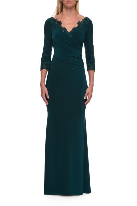 V-Neck Lace Trim Gown with Three-Quarter Sleeves