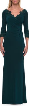 La Femme V-Neck Lace Trim Gown with Three-Quarter Sleeves