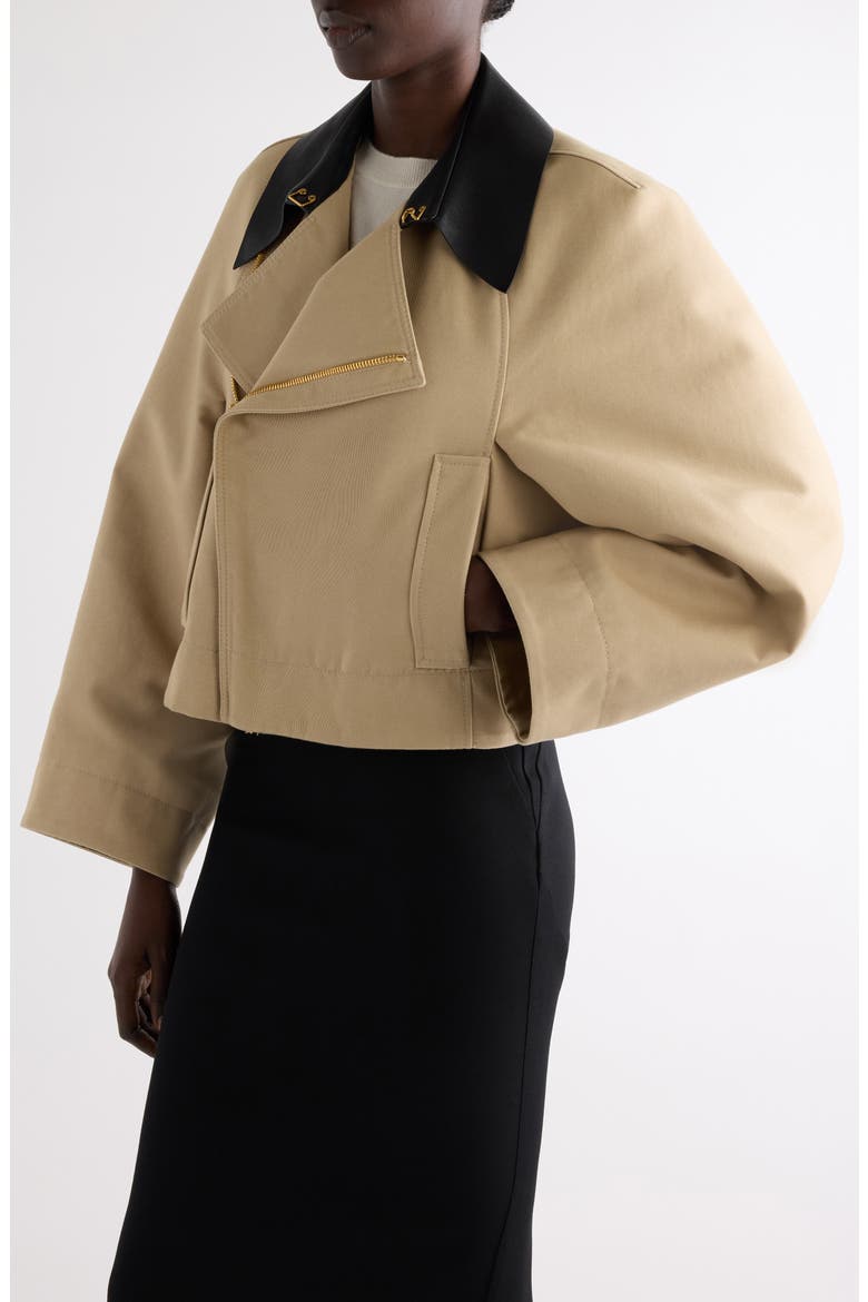 Leather Collar Gabardine Crop Trench Jacket, Alternate, color, BEIGE