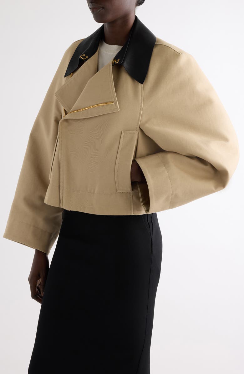 Givenchy Leather Collar Gabardine Crop Trench Jacket, Alternate, color, Beige
