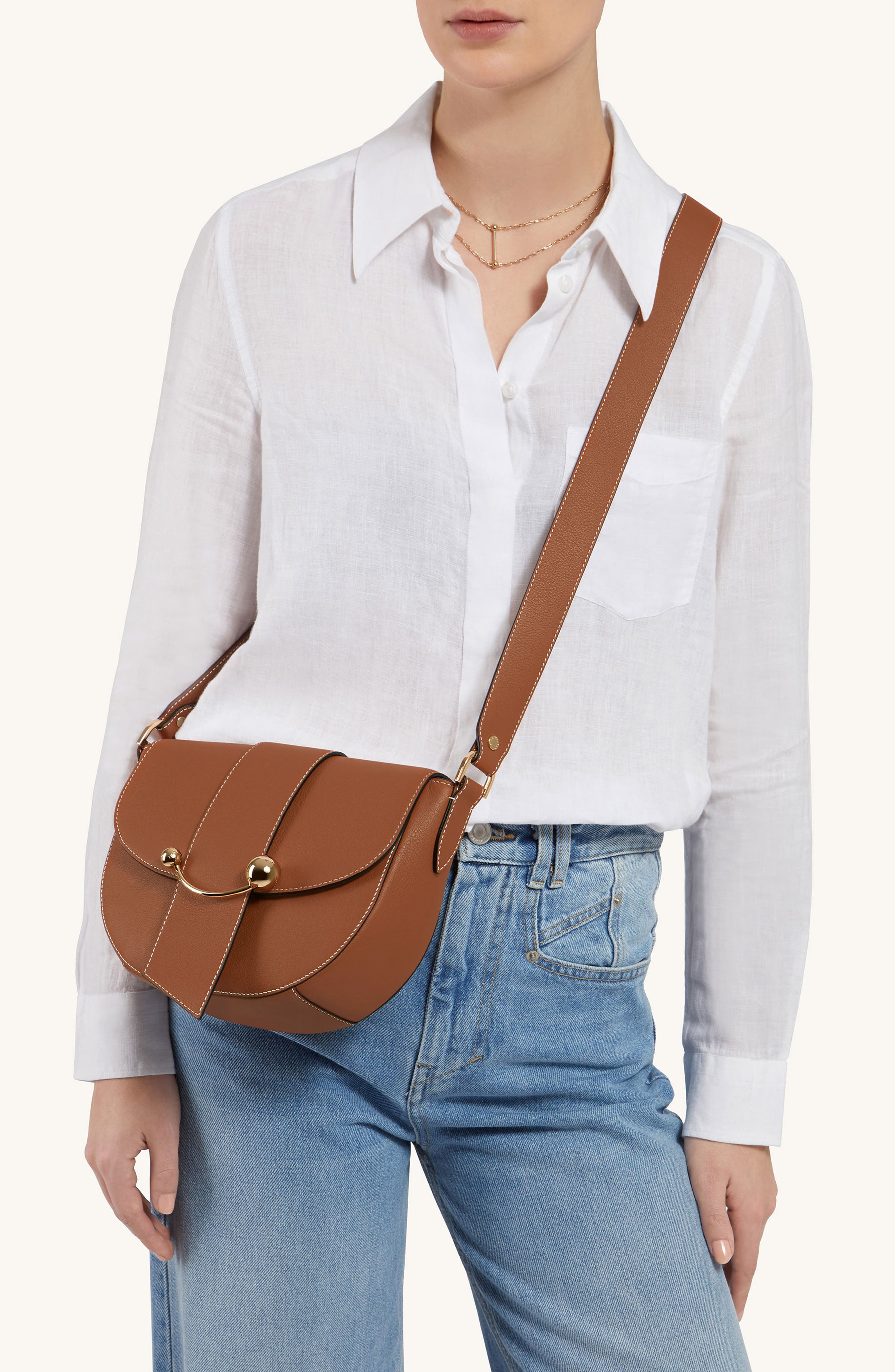 Strathberry Crescent Saddle Leather Crossbody Bag, Alternate, color, Chestnut/ Vanilla