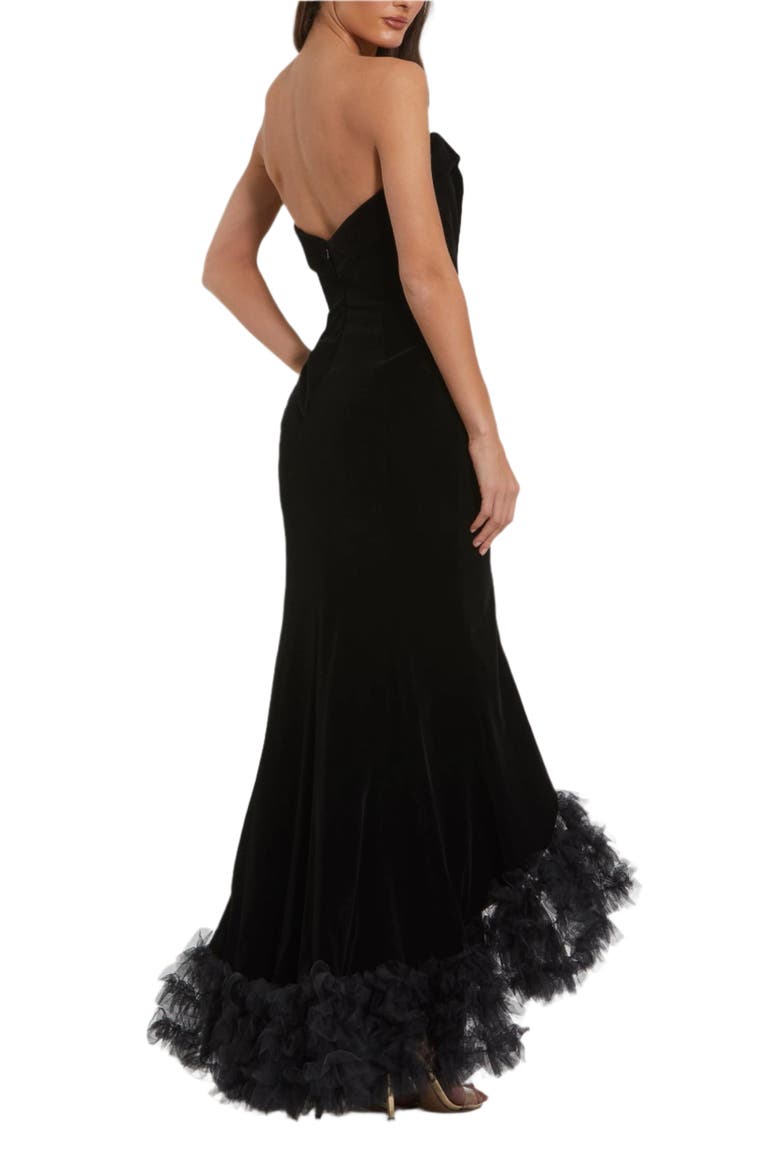 Women's Strapless Velvet Mermaid Gown with Ruffle Slit, Alternate, color, Black
