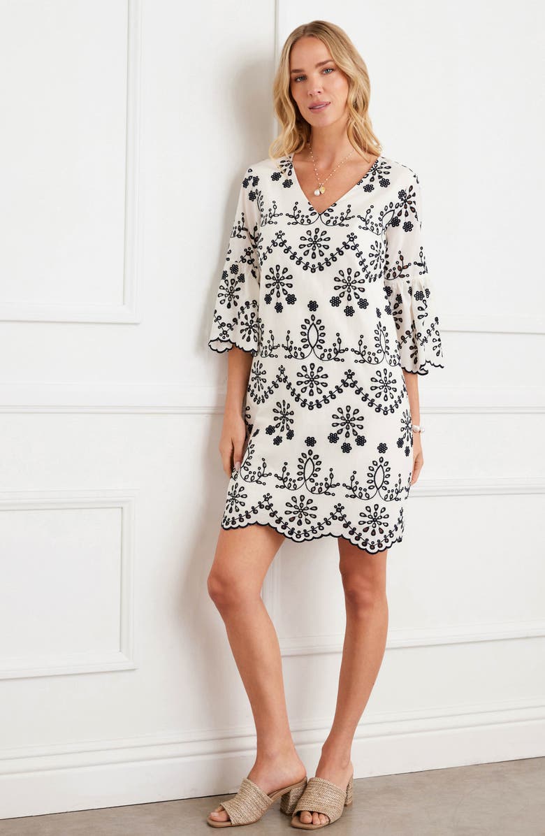 Karen Kane Embroidered Eyelet Cotton Shift Dress, Alternate, color, Cream W/ Navy