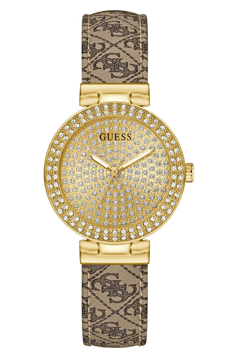 Goldtone & Crystal Logo Leather Strap Watch, 32mm, Main, color, BEIGE